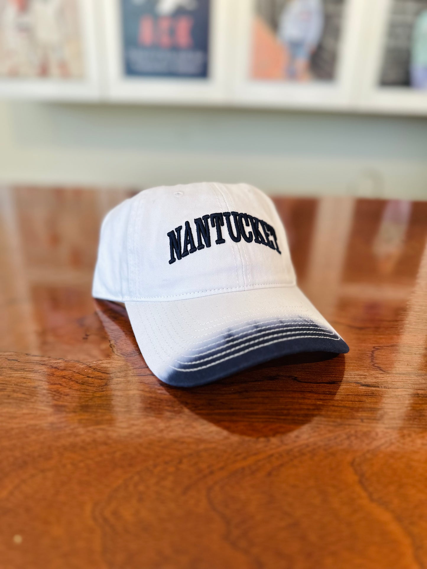 White Hat with Navy Dip Dye with Nantucket Embroidery