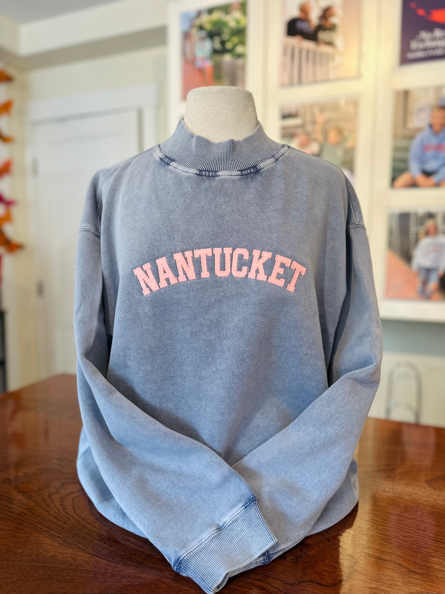Salt-wash Mock neck in Blue with Light Pink Nantucket Felt