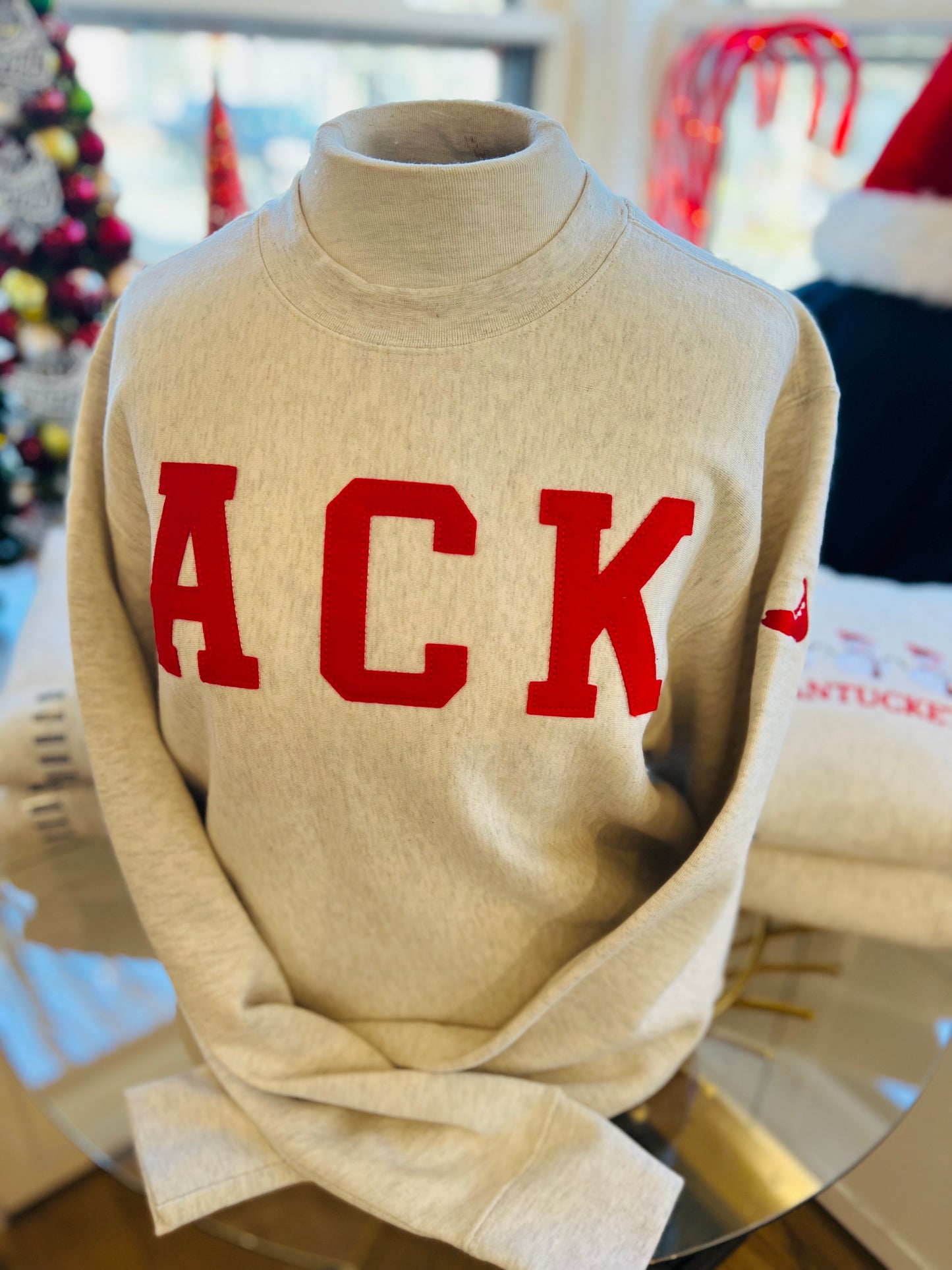 Crewneck Oatmeal w ACK & Island Logo Red