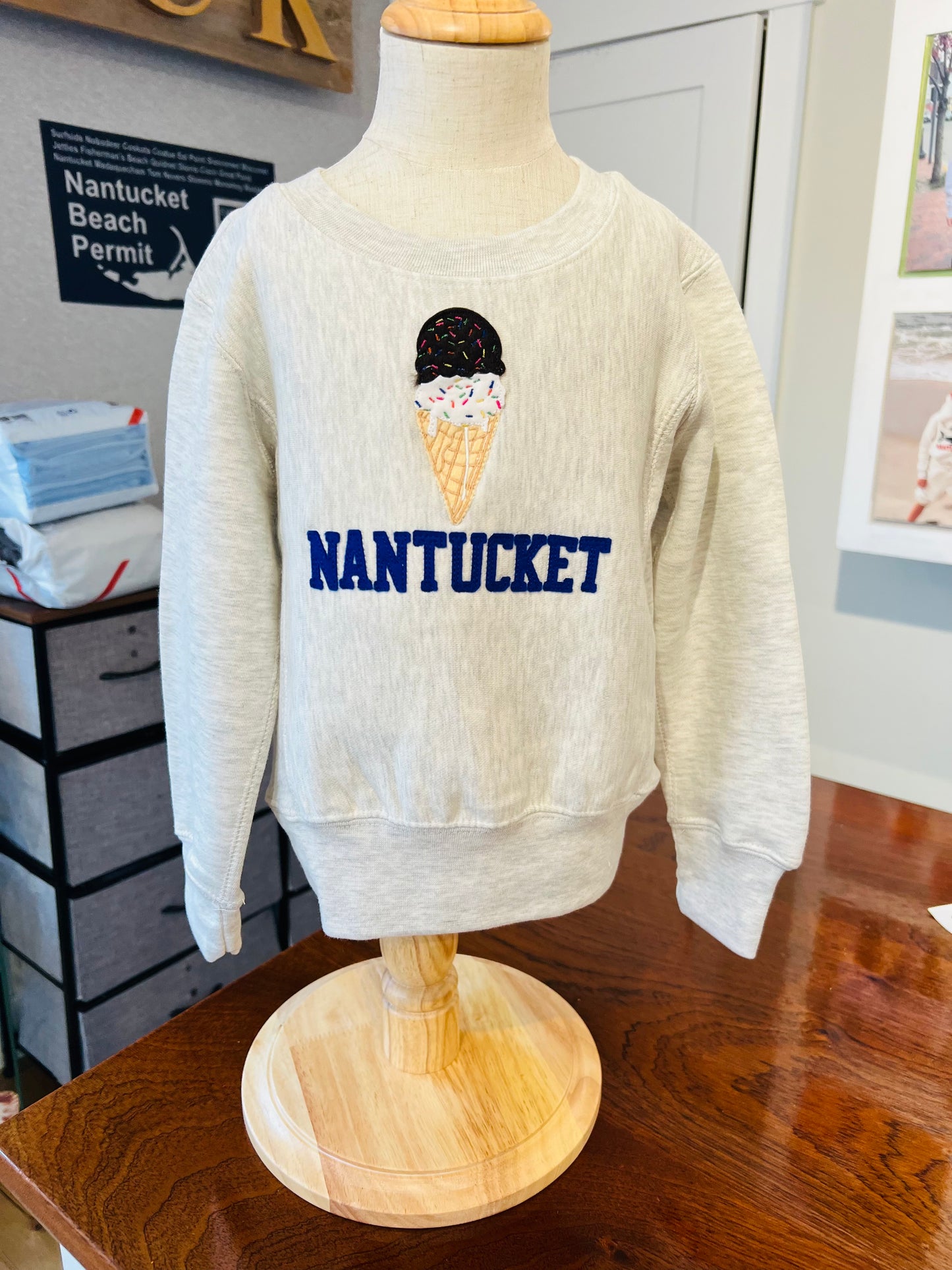Youth Ice Cream Crewneck with Blue Felt on Oatmeal