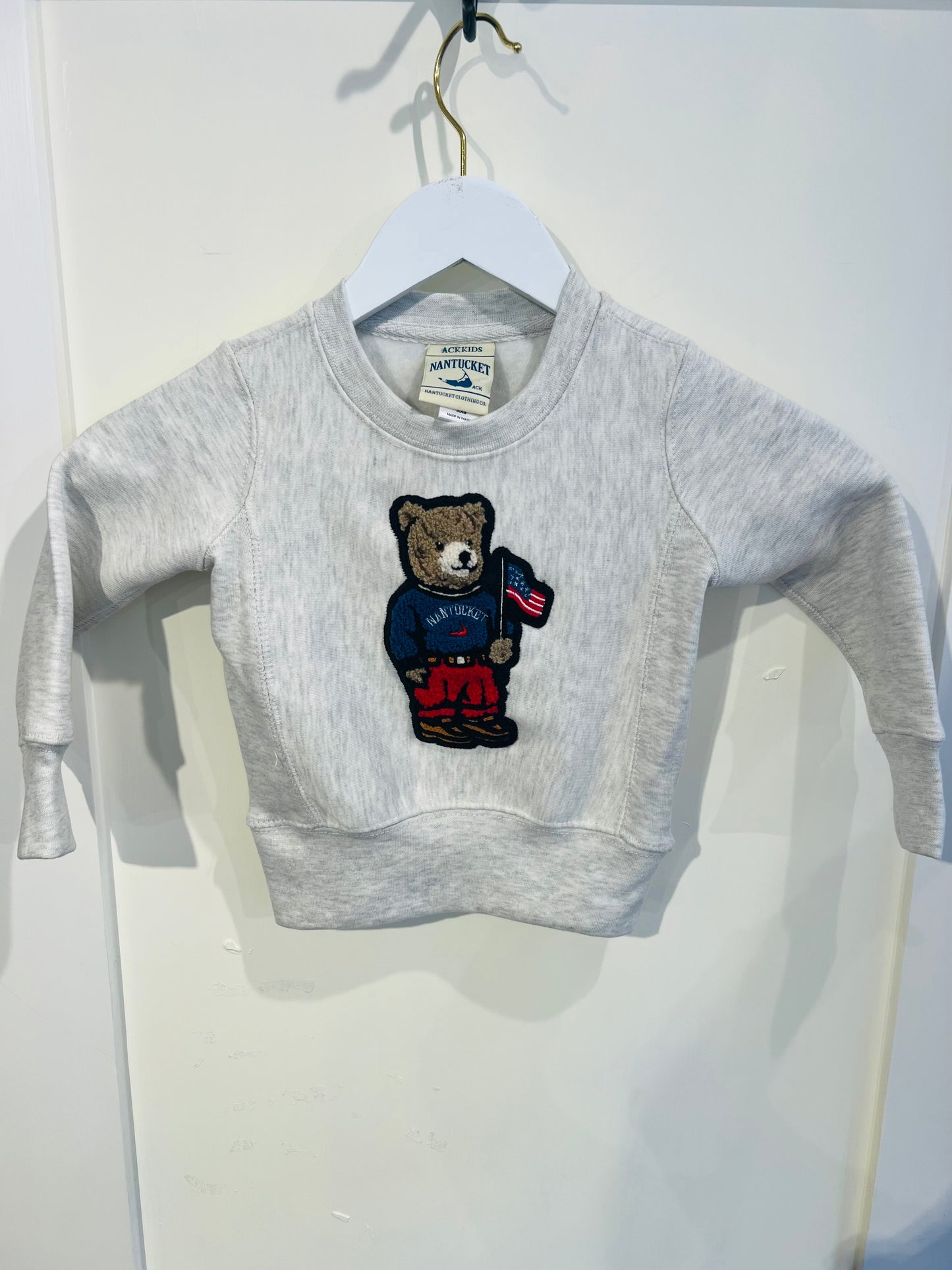Youth Bear with Flag Crewneck in Oatmeal