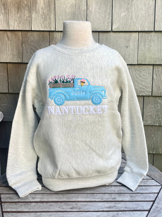 Youth Crewneck with Beach Blue Flower Truck and White Nantucket