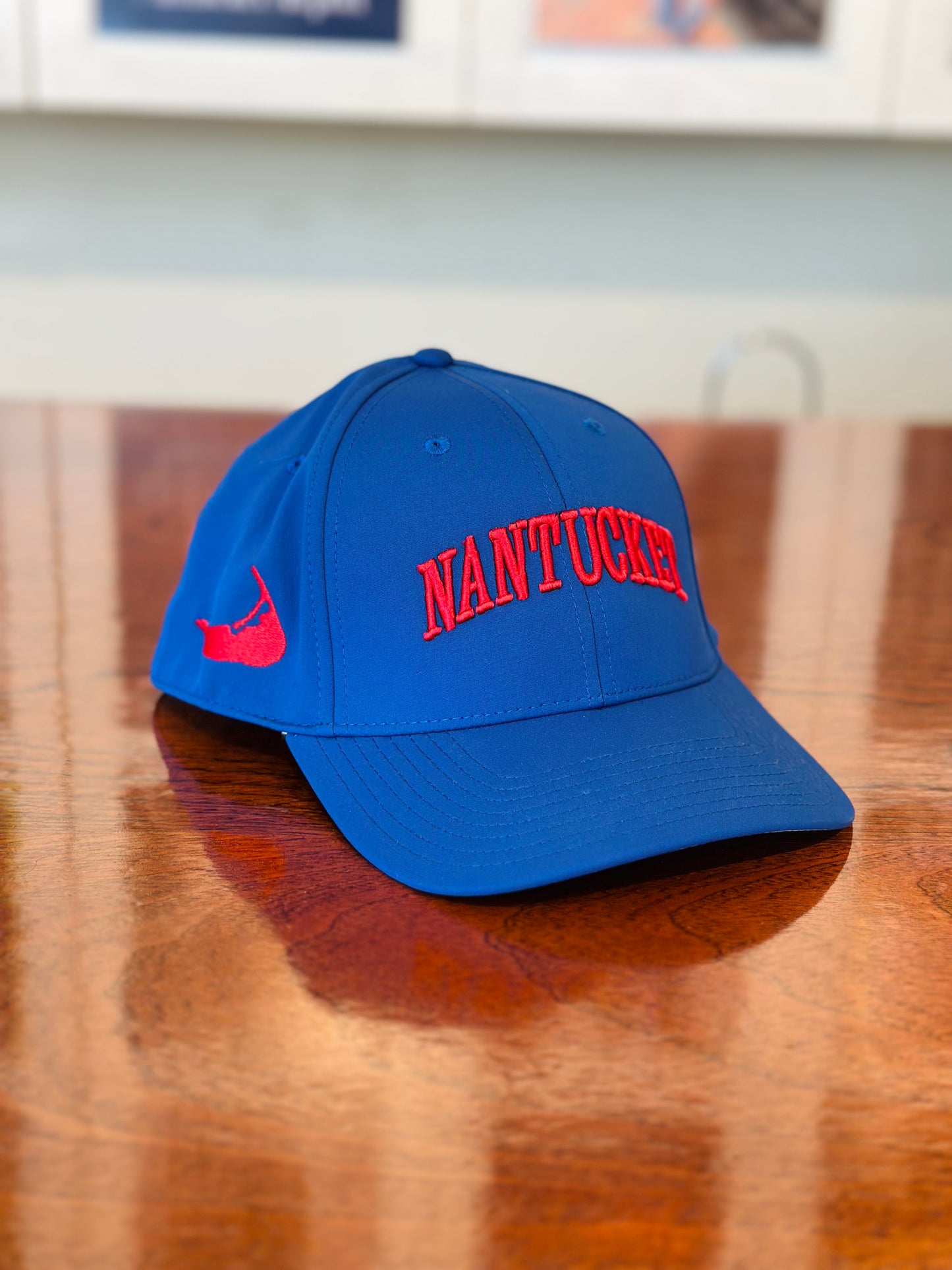 Fitted Trucker Hat in Royal Blue with Red Embroidery