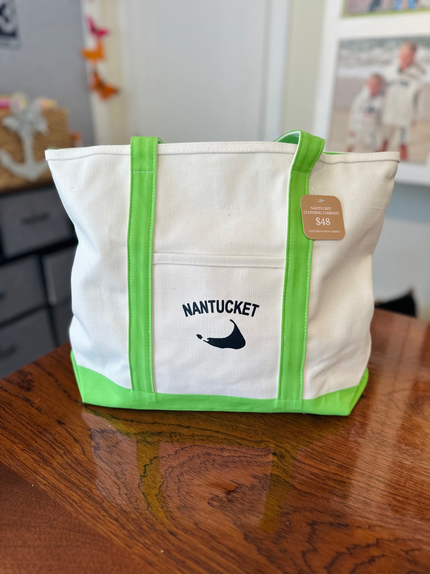 Canvas Tote Bag with Green Accents and Navy Nantucket
