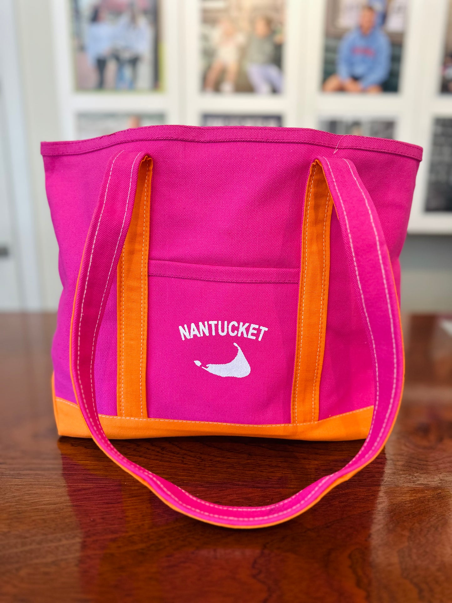 Pink and Orange Canvas Tote Bag with White Nantucket