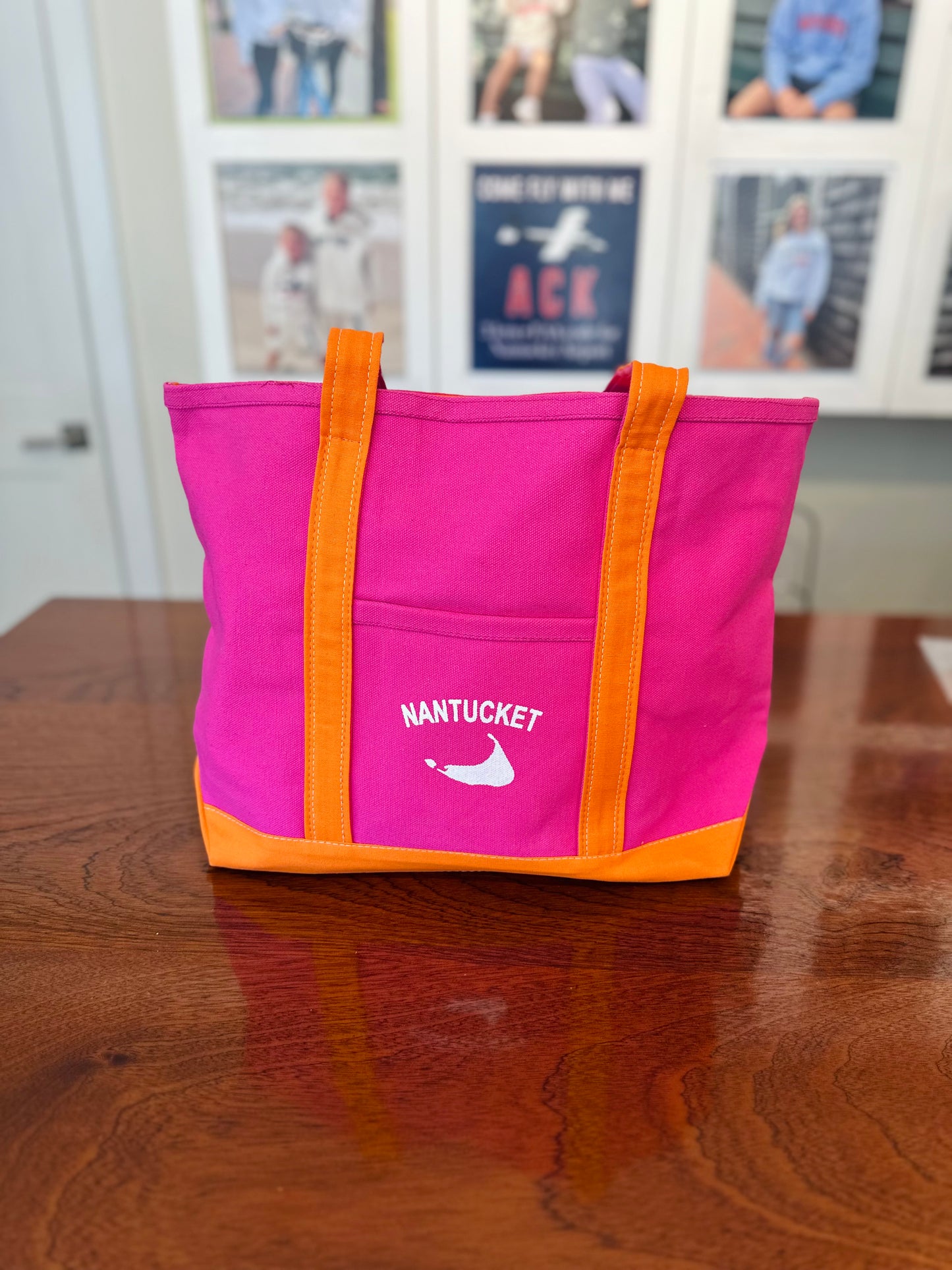 Pink and Orange Canvas Tote Bag with White Nantucket