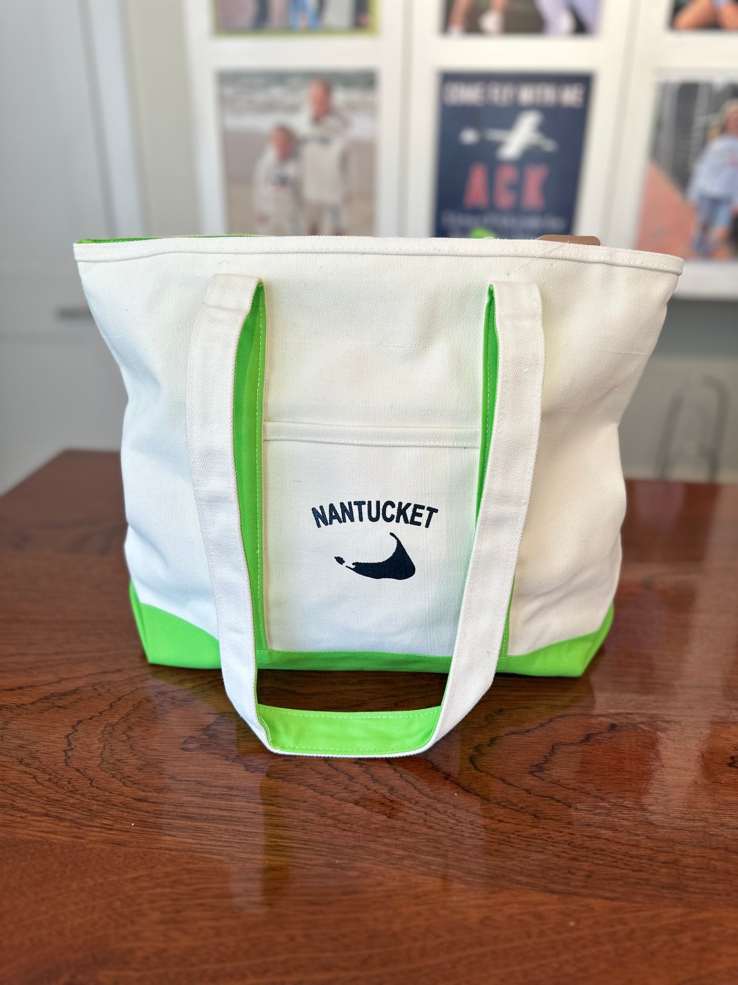Canvas Tote Bag with Green Accents and Navy Nantucket