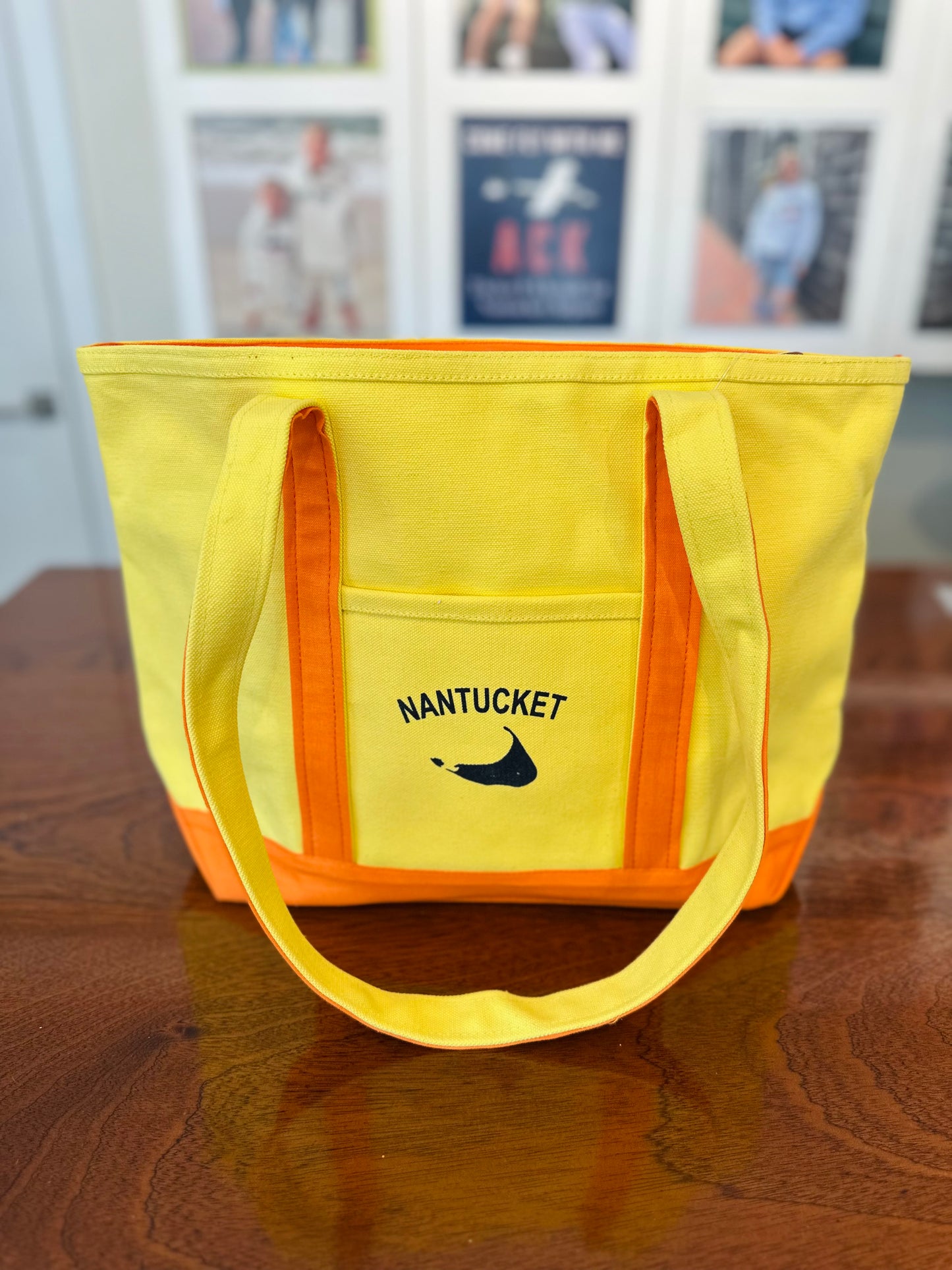 Yellow and Orange Canvas Tote Bag with Navy Nantucket