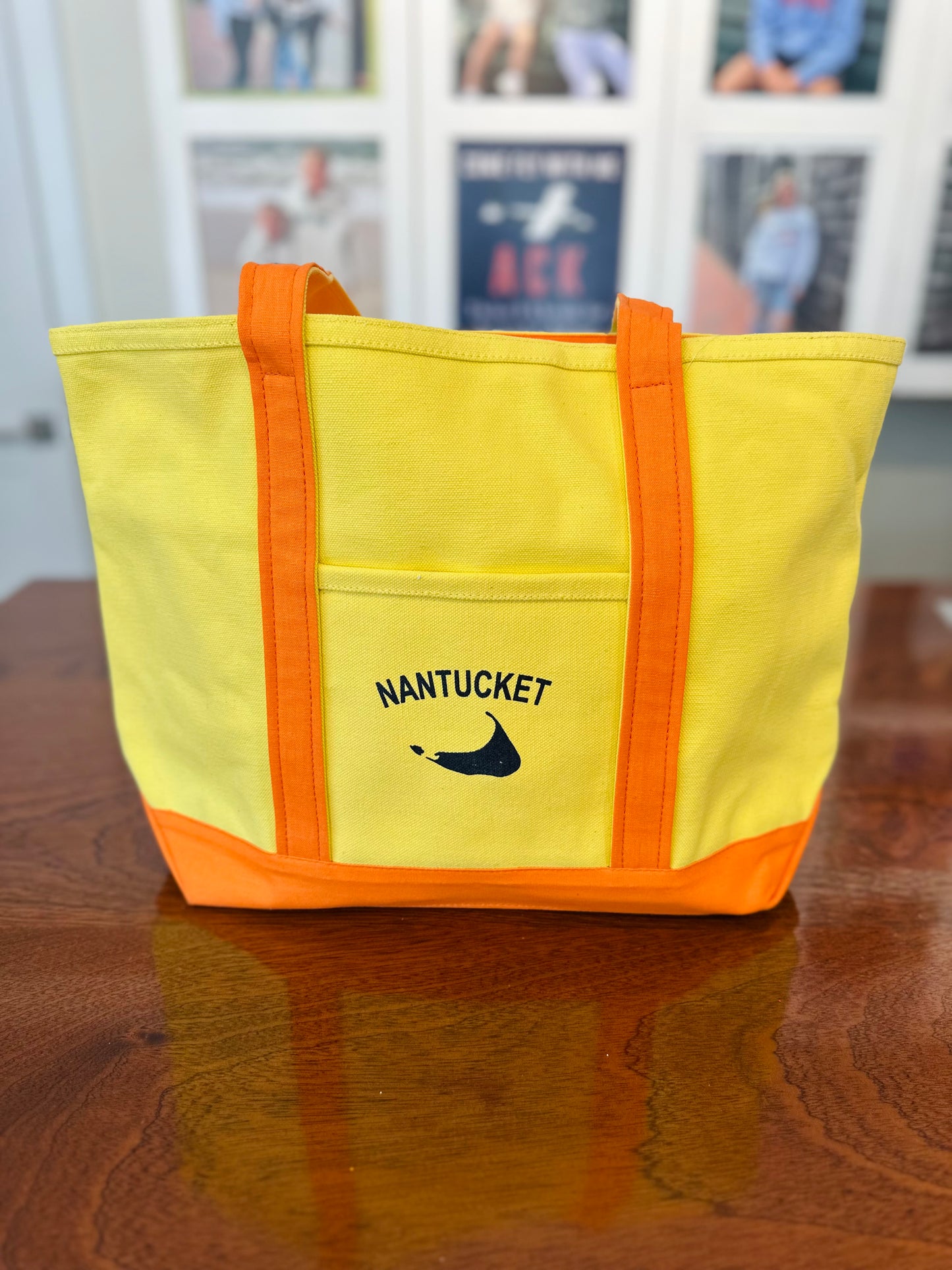 Yellow and Orange Canvas Tote Bag with Navy Nantucket