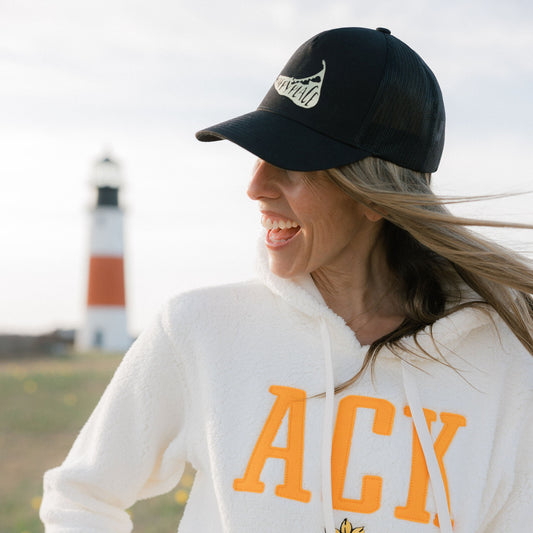 Happy Place Black Trucker with  Gold Foil Logo & "Never Leaving" on Back