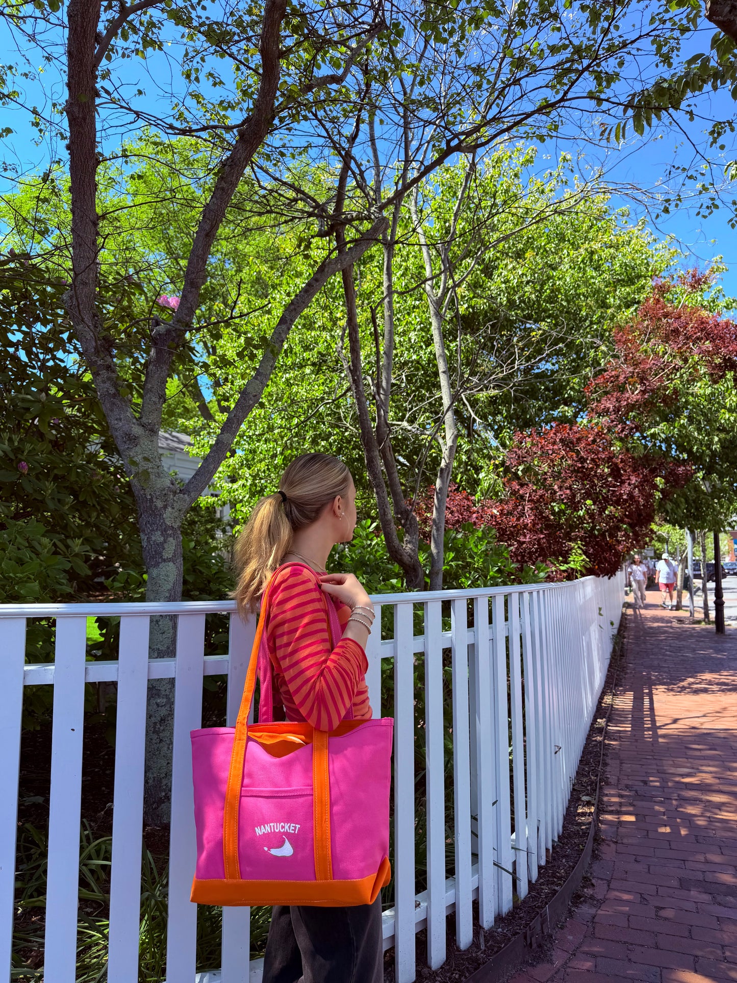 Pink and Orange Canvas Tote Bag with White Nantucket
