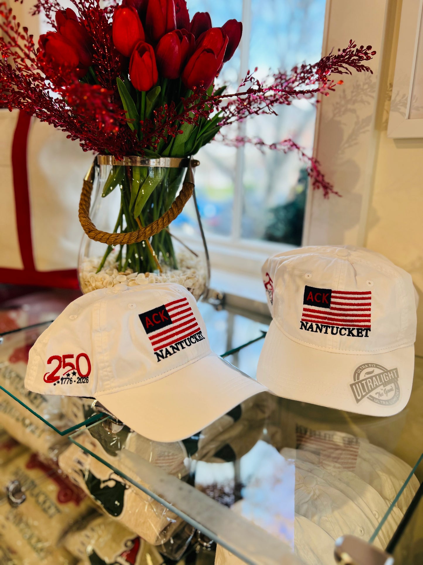 Adult American Flag Hat In White "250th Anniversary"