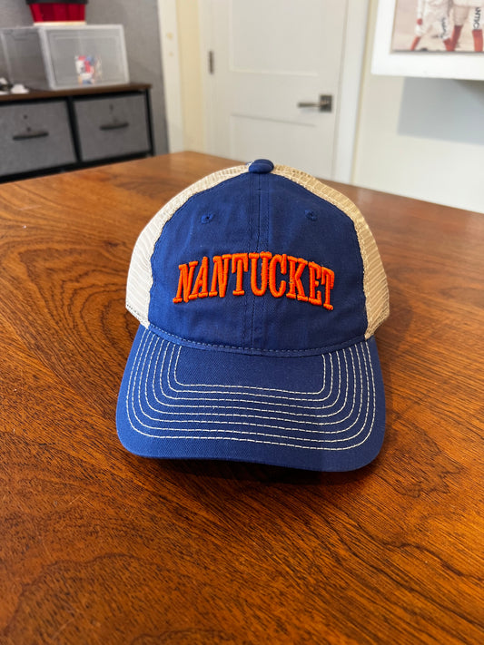 Adult Trucker Hat in Blue with Orange Lettering