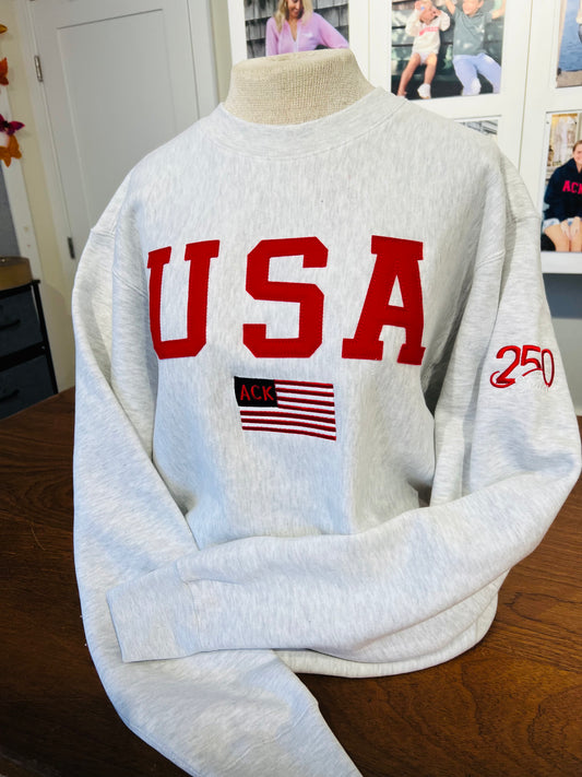 Adult USA Flag Crew Sweatshirt "250th Anniversary"