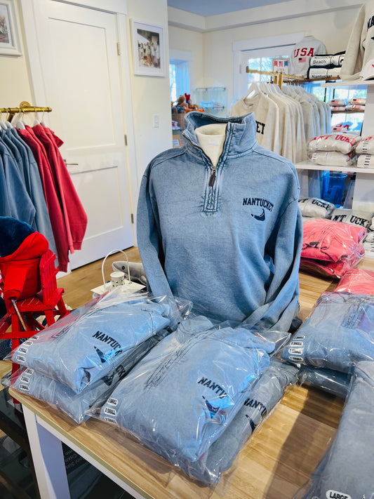 Salt Wash Ocean Blue 1/4 Zip Sweatshirt with Embroidered Nantucket