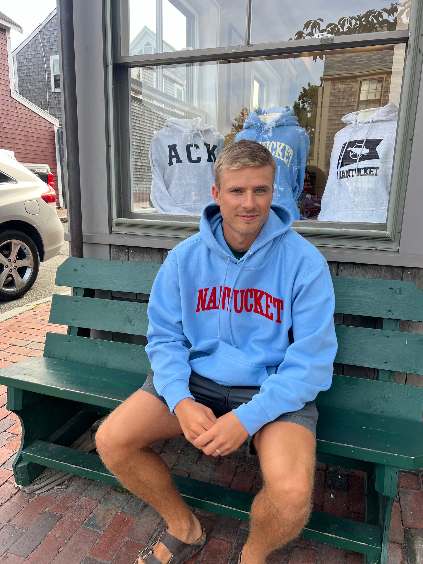 Blue Hooded Sweatshirt With Red Felt Nantucket