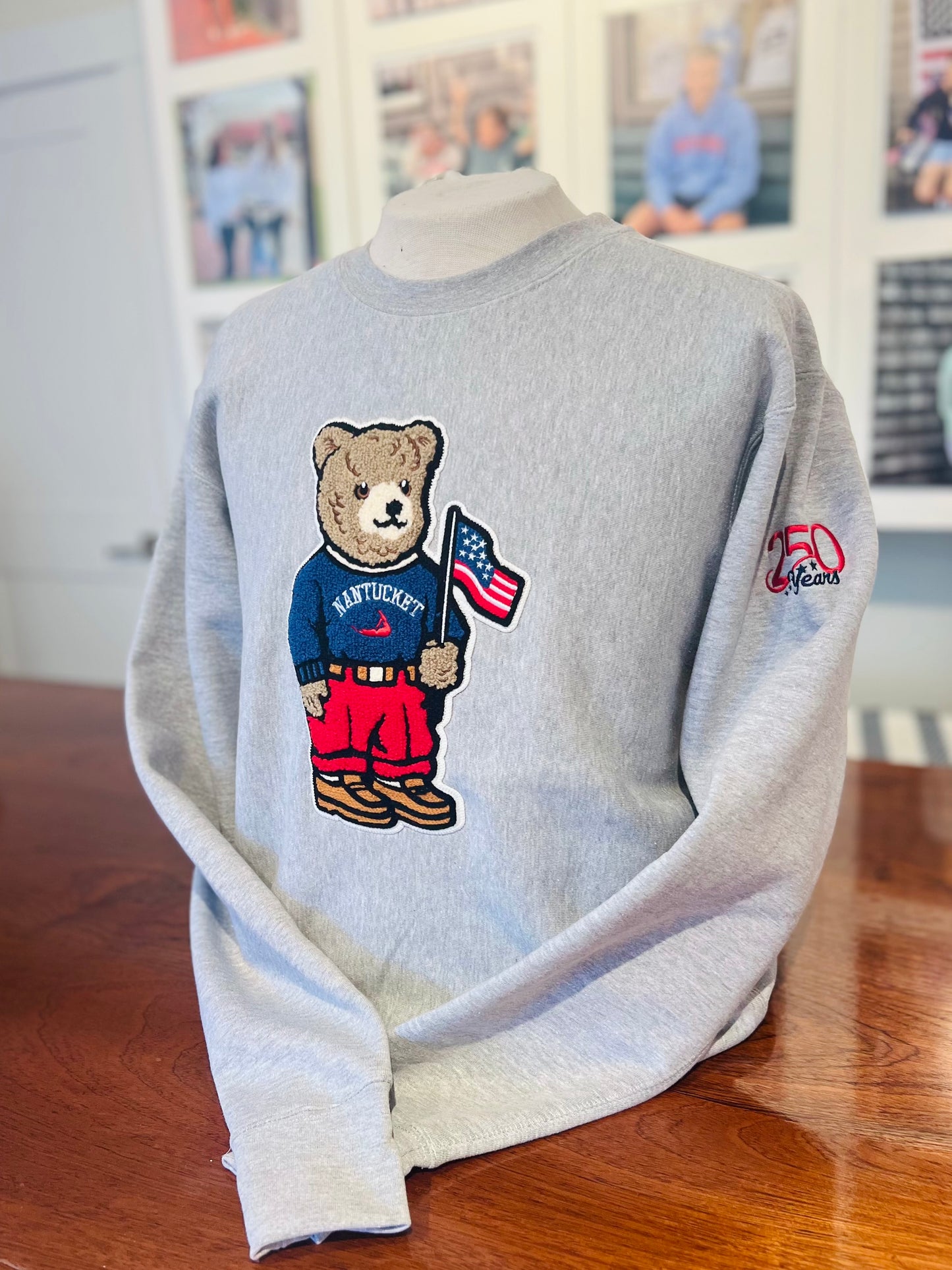 Adult Bear with Flag Crewneck in Grey "250th Anniversary"