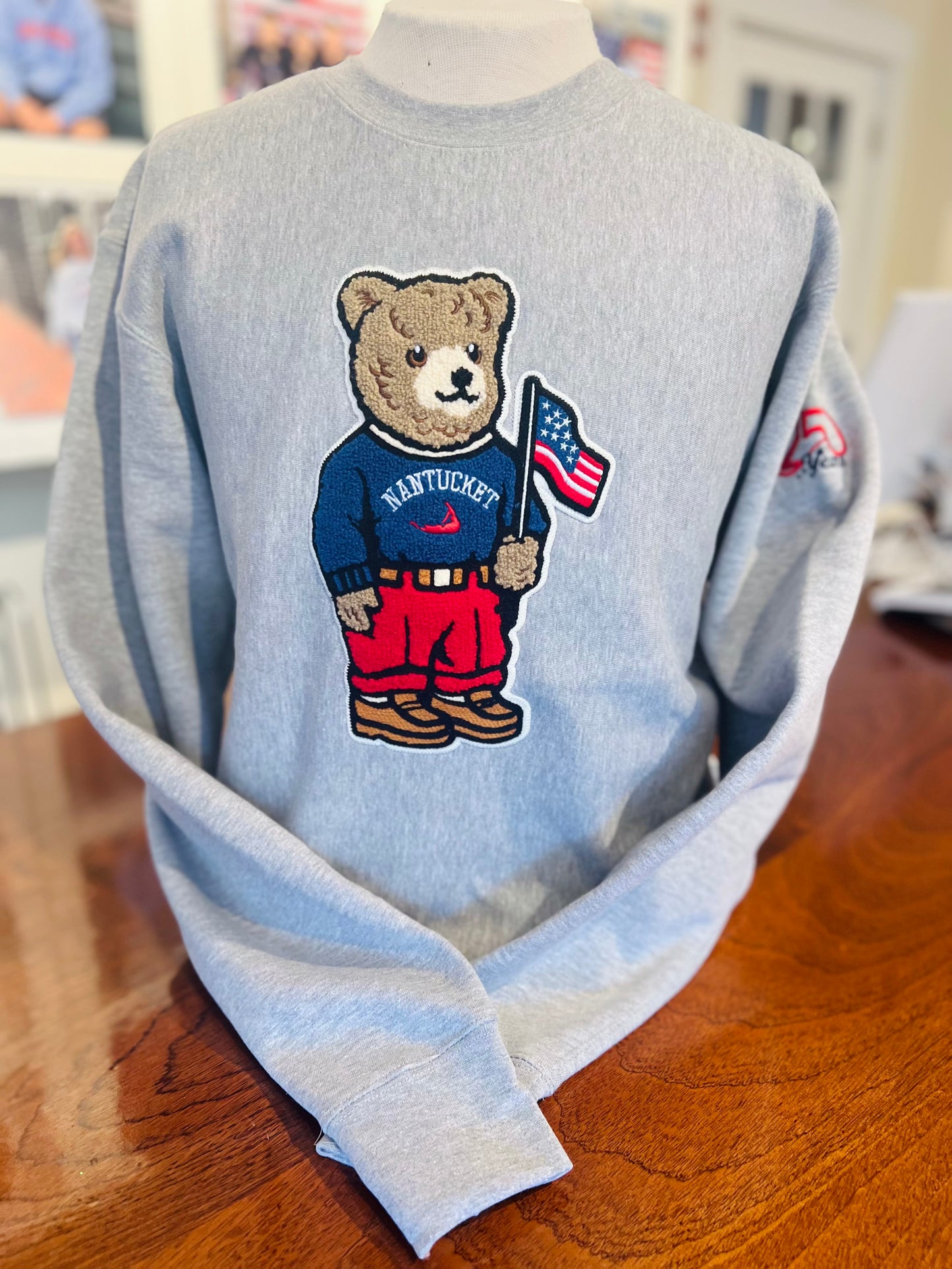 Adult Bear with Flag Crewneck in Grey "250th Anniversary"