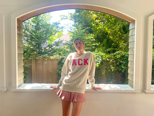 Crewneck sweatshirt in oatmeal with ACK in hot pink felt lettering